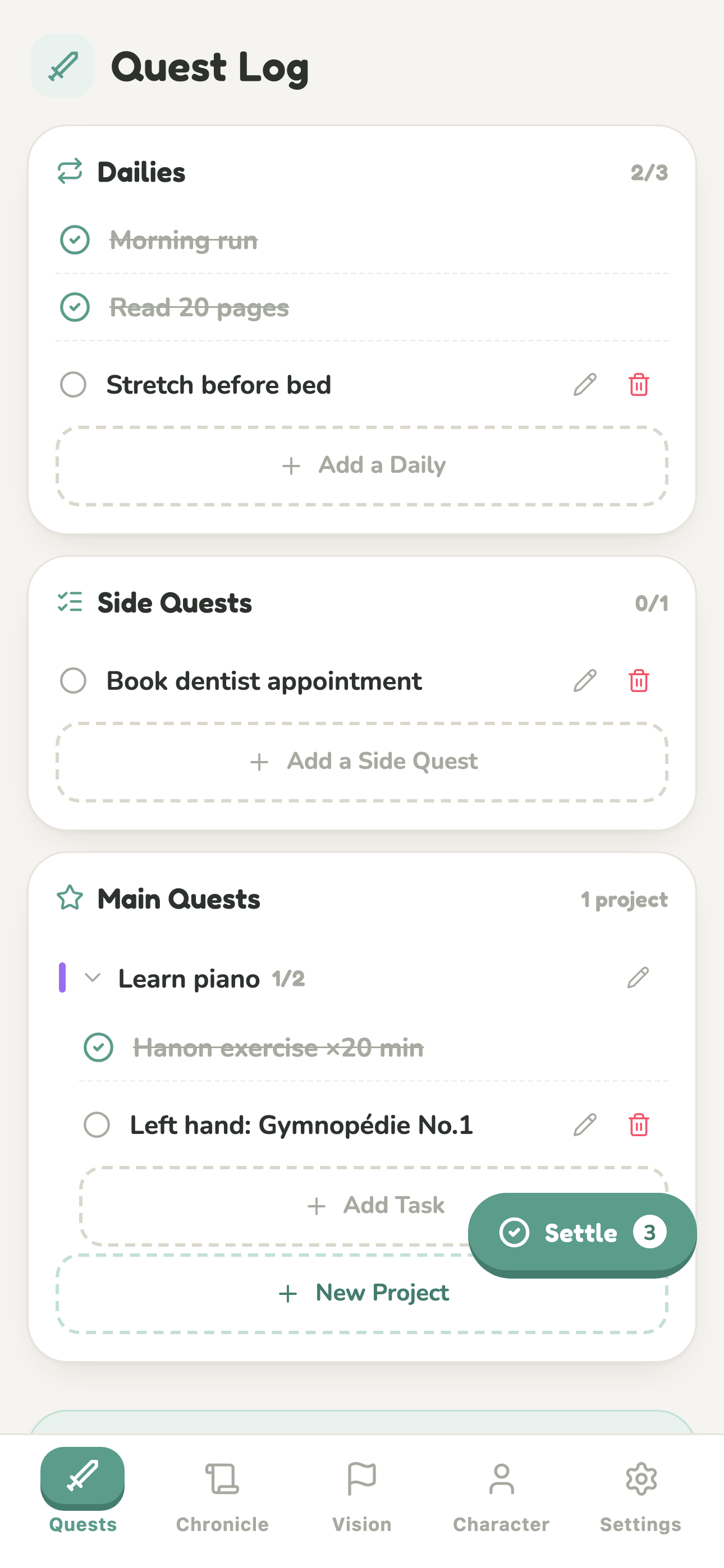The quest log: dailies, main quests, one-offs